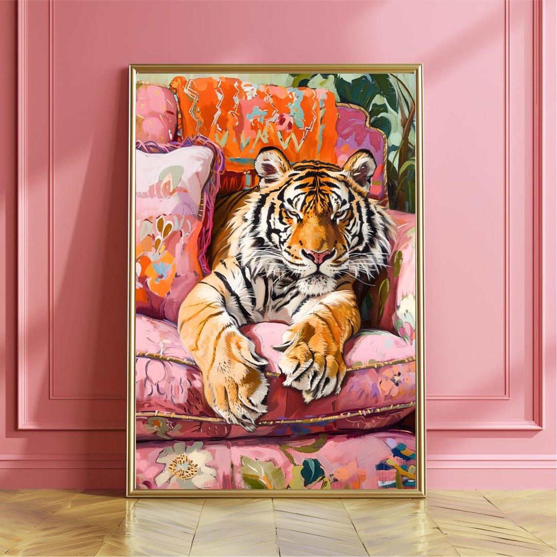 Majestic Tiger Lounging On Pink Floral Couch Maximalist Poster