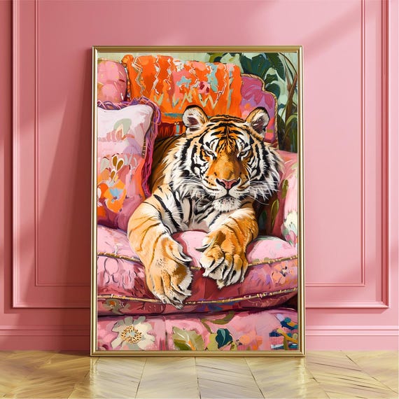 Tiger On Couch Art Print Poster Bold Modern Painting Animal Theme Wall Art Decor