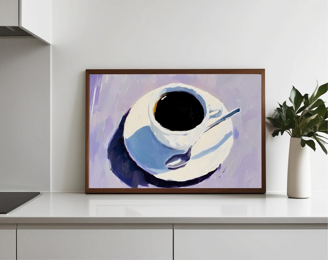 Black Coffee Cup Overhead Lilac Modern Still Life Art Poster