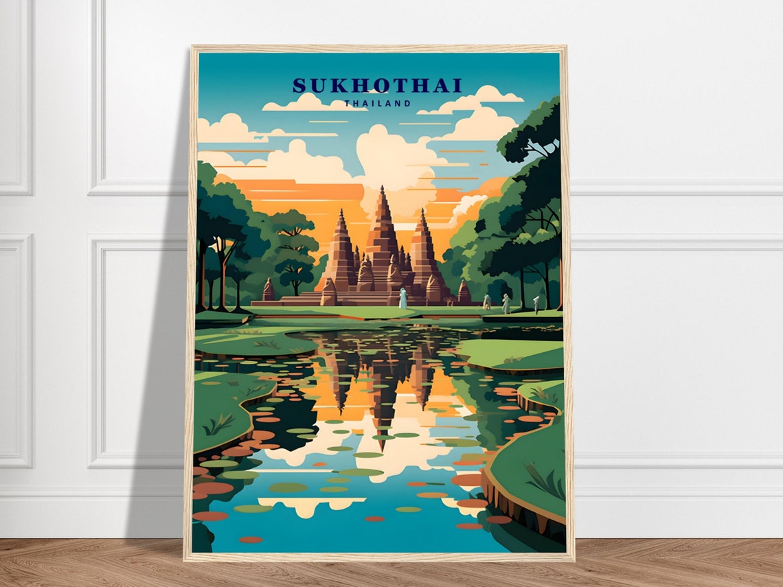Sukhothai Thailand Ancient Temples Reflected Pond Travel Poster