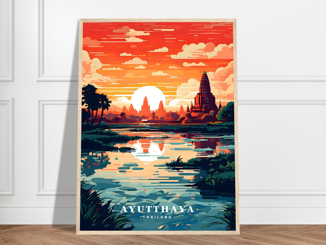 Ayutthaya Thailand Ancient Temple Sunset River Colorful Travel Poster