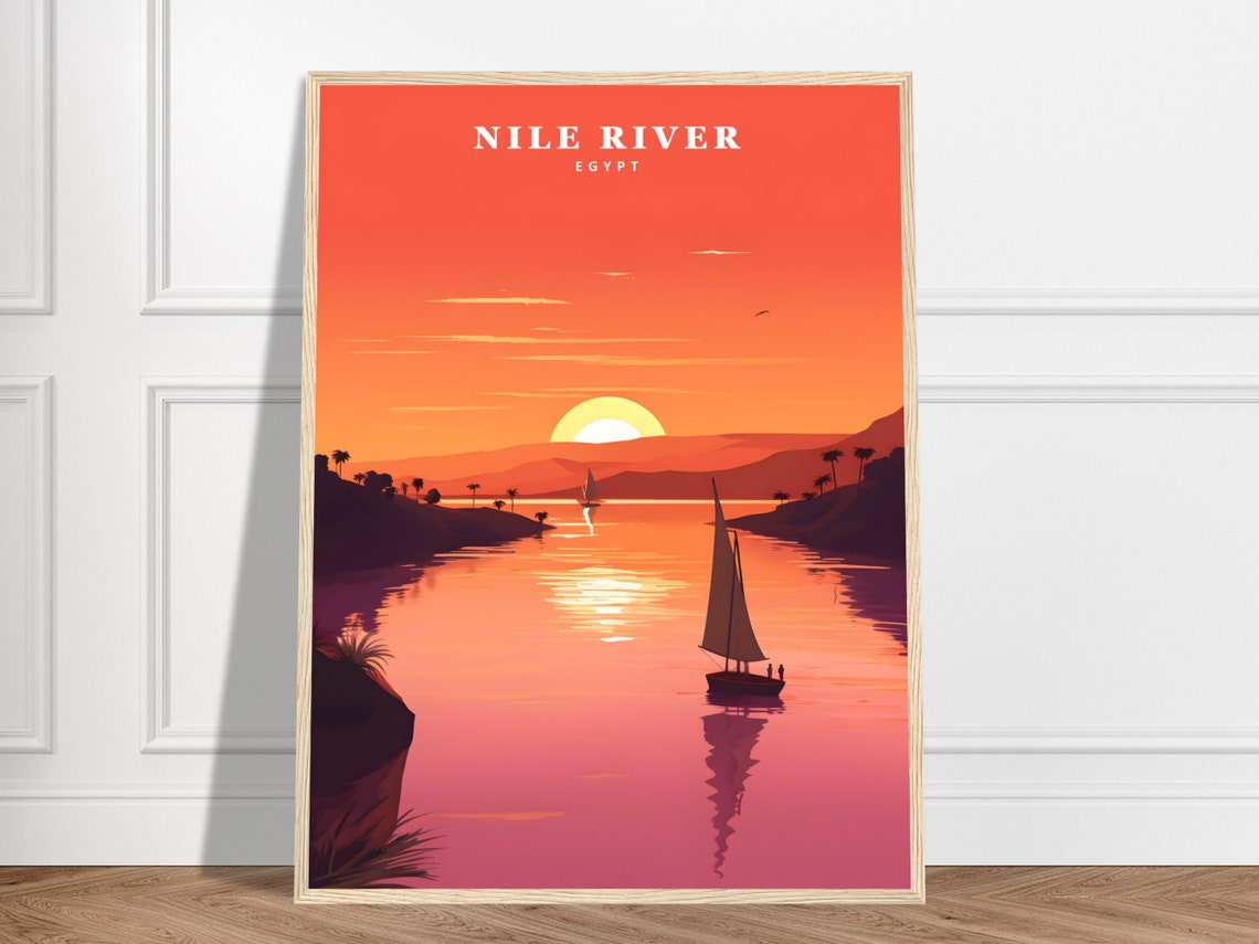 Nile River Egypt Blazing Sunset Retro Minimalist Travel Print Art