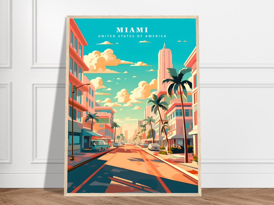 Miami Art Deco Boulevard Palm Trees Retro Vintage Travel Poster
