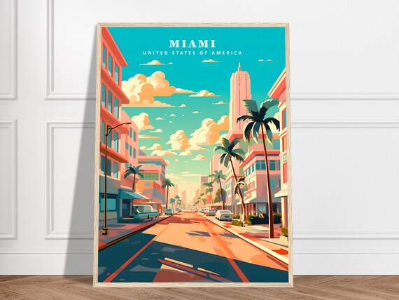 Miami Art Deco Boulevard Palm Trees Retro Vintage Travel Poster