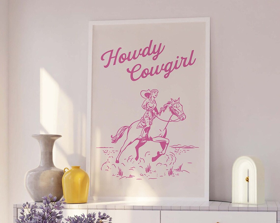 Howdy Cowgirl Pink Horseback Rider Retro Western Style Wall Art