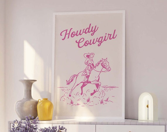 Howdy Cowgirl Print Art Retro Pink Wall Art Country Western Art Print Trendy Retro Wall Art