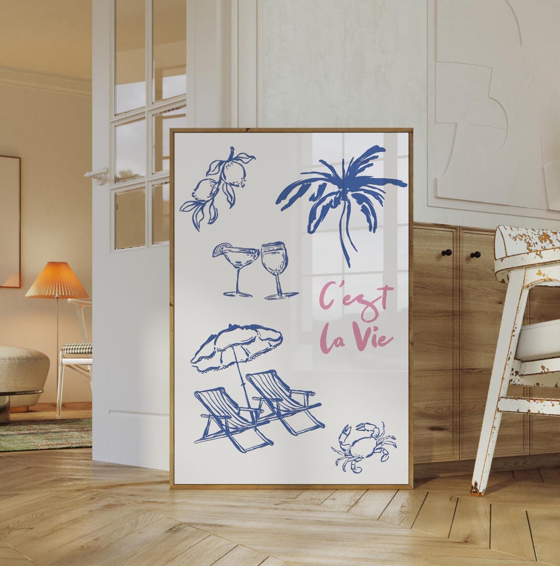 C'est la Vie Blue Beach Doodles Summer Holiday Travel Poster - Image 3