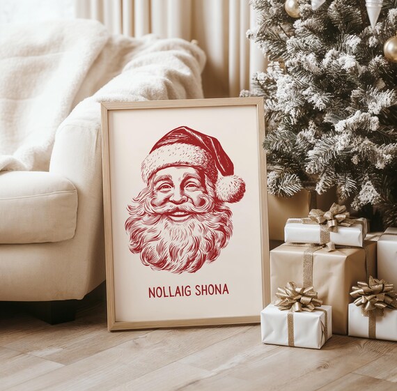 Vintage Santa Face Nollaig Shona Red Irish Christmas Engraving Poster