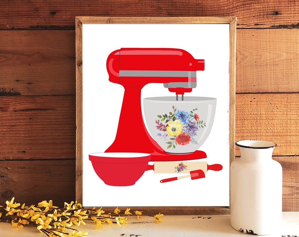 Red Kitchen Stand Mixer Floral Bowl Watercolor Baking Poster