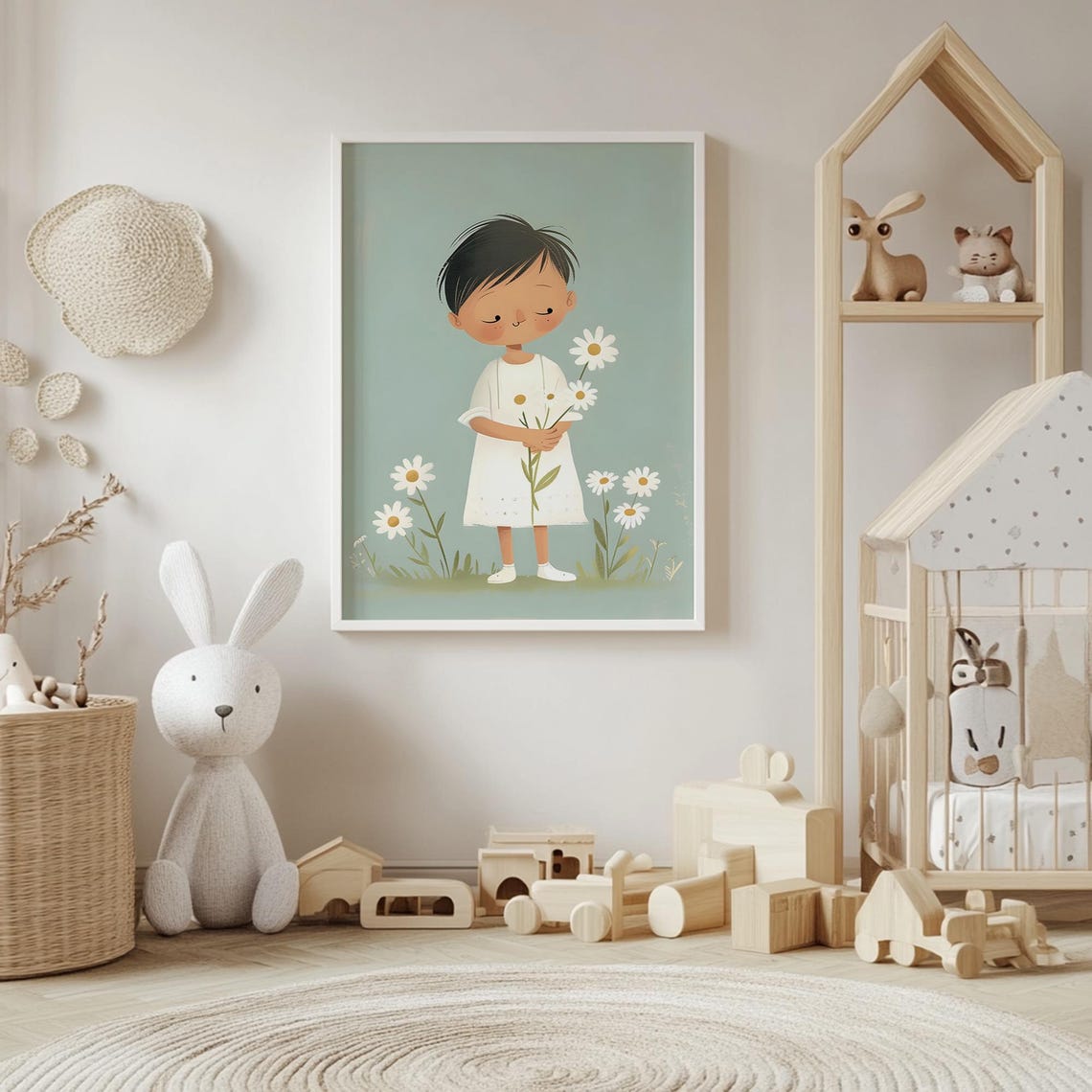 Little Girl Holding Daisies Cute Illustration Kids Room Wall Poster - Image 4