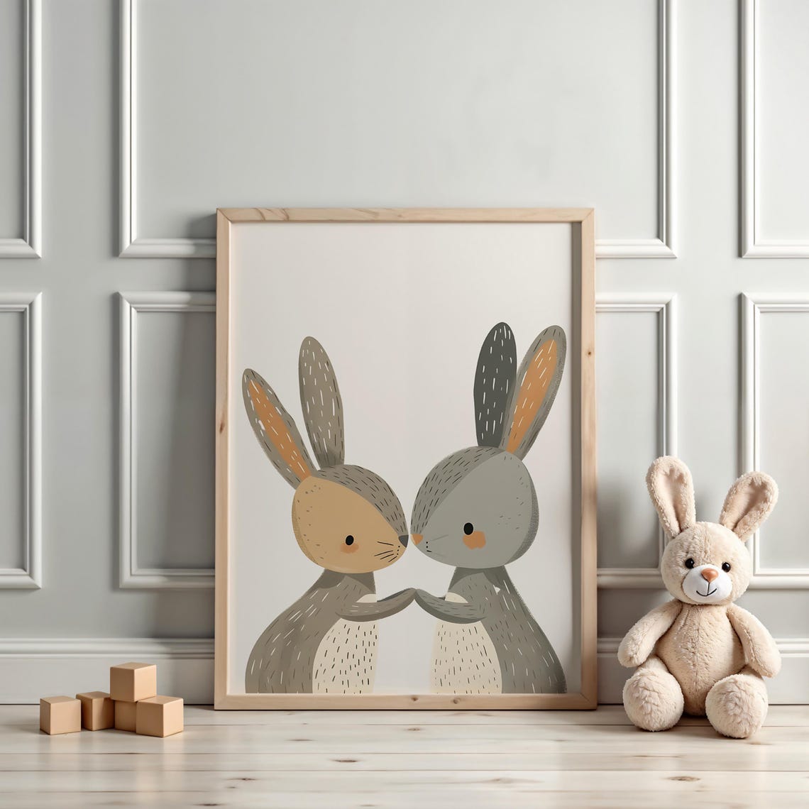 Two Snuggling Bunnies Nose to Nose Scandinavian Nursery Poster - Image 3