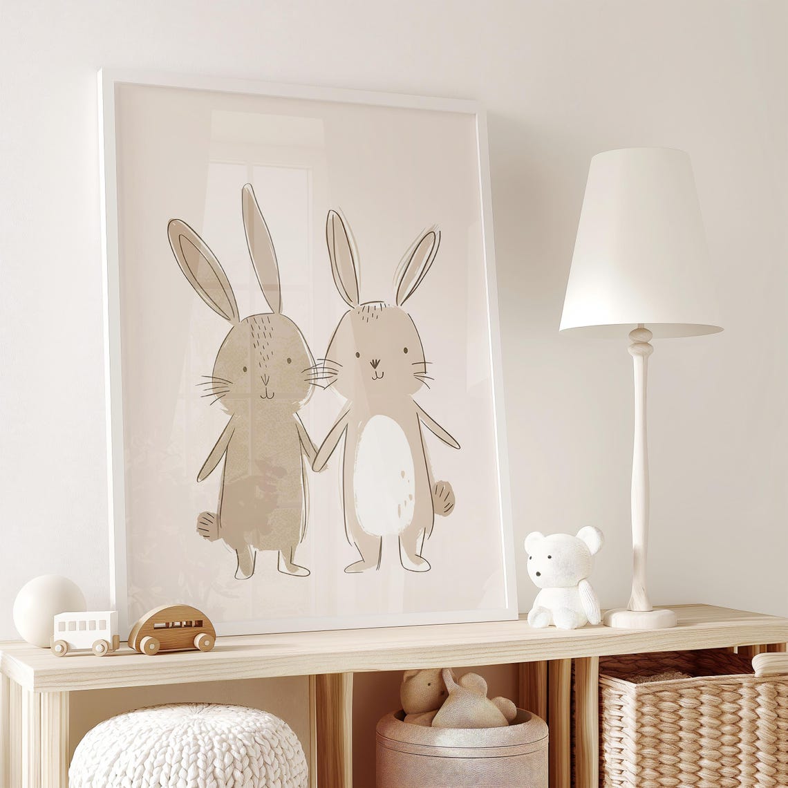 Hand-Drawn Rabbit Pair Holding Paws Neutral Beige Nursery Poster - Image 2