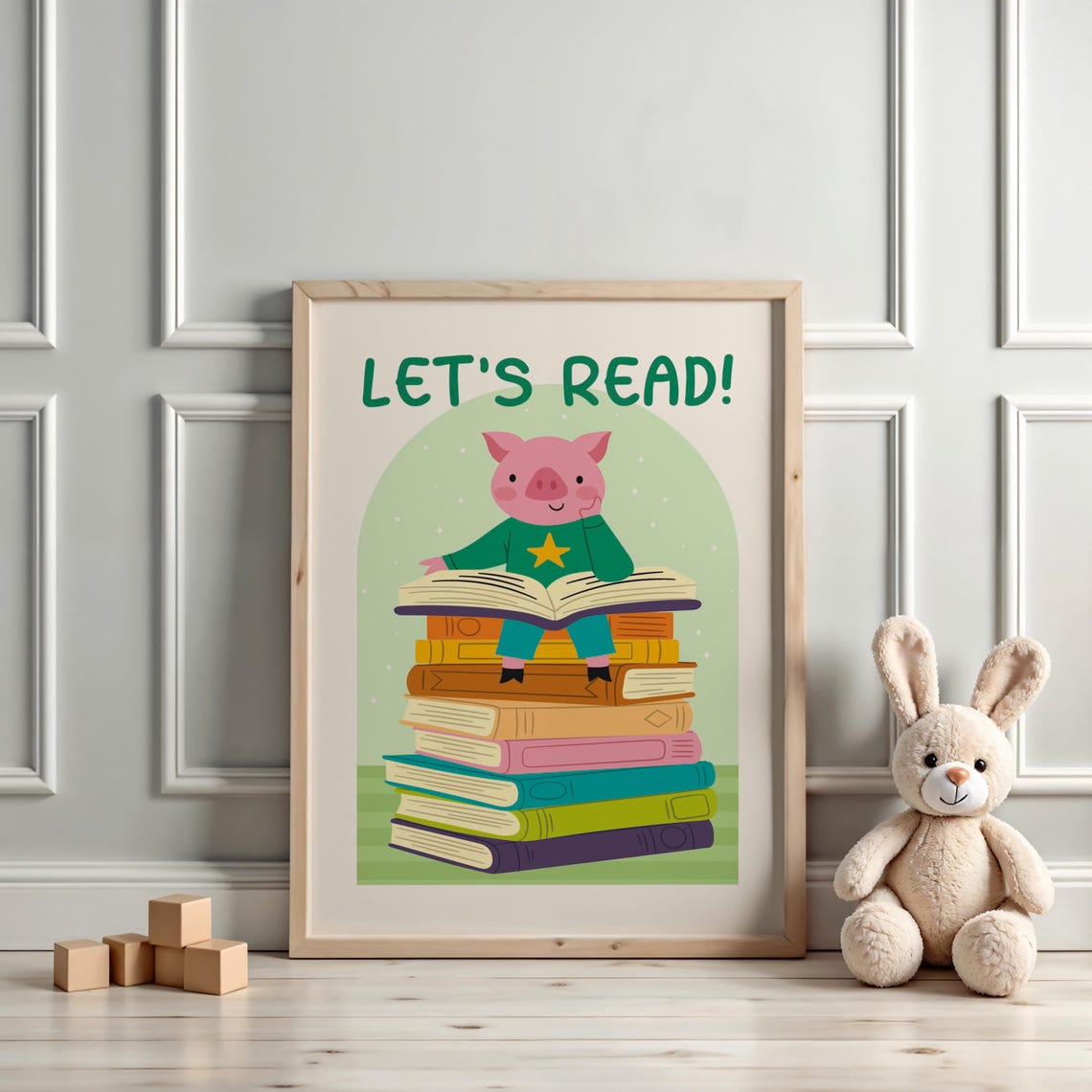 Let's Read Pink Pig Reading On Book Stack Kids Room Art Poster - Image 3