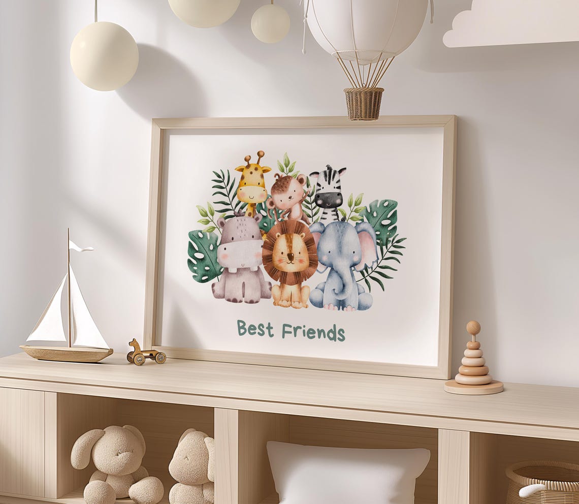 Best Friends Safari Animals Jungle Leaves Watercolor Nursery Poster - Image 2