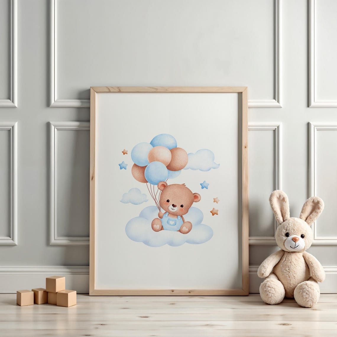 Teddy Bear On Cloud Holding Balloons Watercolor Nursery Wall Poster - Image 3