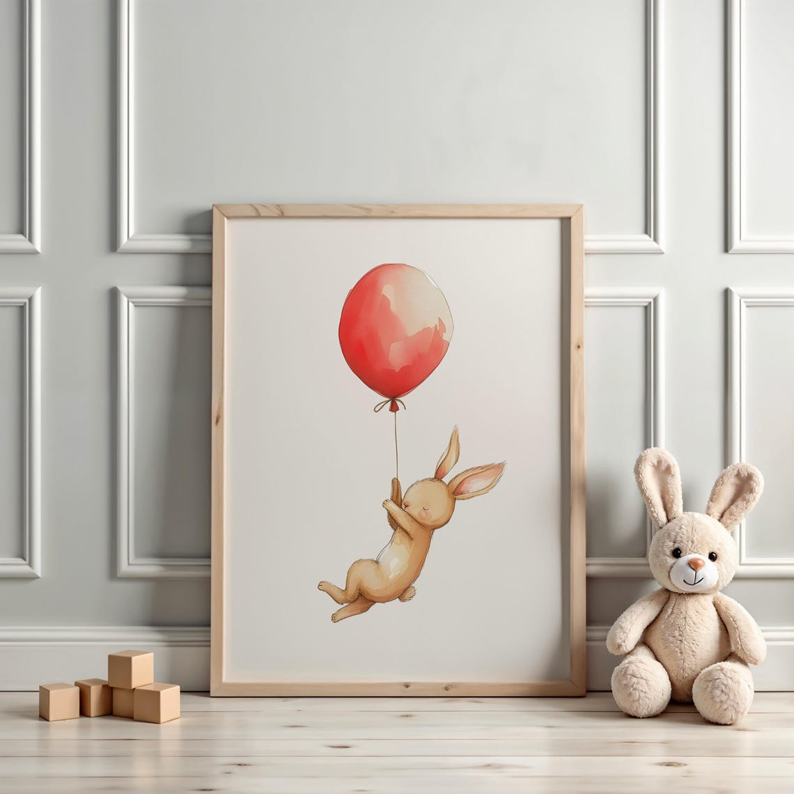 Tiny Watercolor Bunny Floating Away With a Red Balloon Poster - Image 3