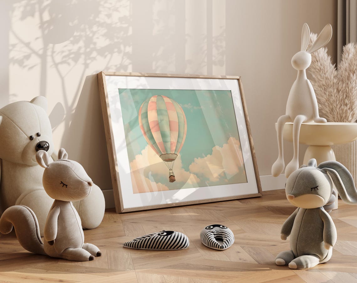 Vintage Hot Air Balloon In Clouds Pastel Sky Nursery Wall Decor Poster - Image 4
