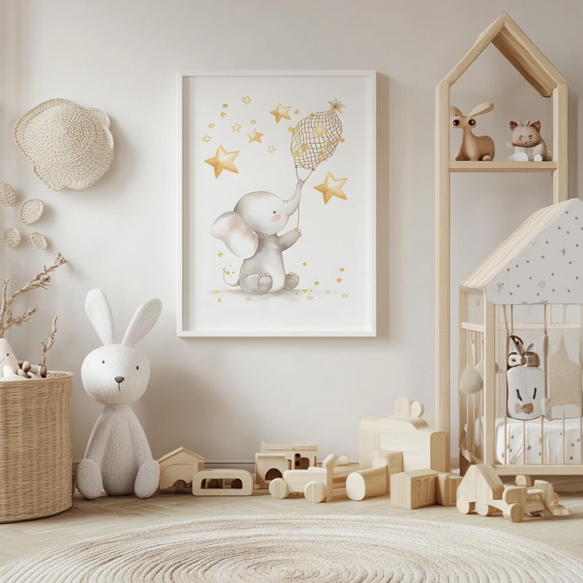 Elephant Catching Stars in a Net Gold Starry Nursery Wall Art - Image 4
