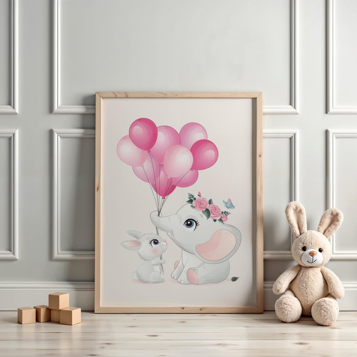 Baby Elephant and Bunny Holding Pink Balloons Floral Crown Poster - Image 3