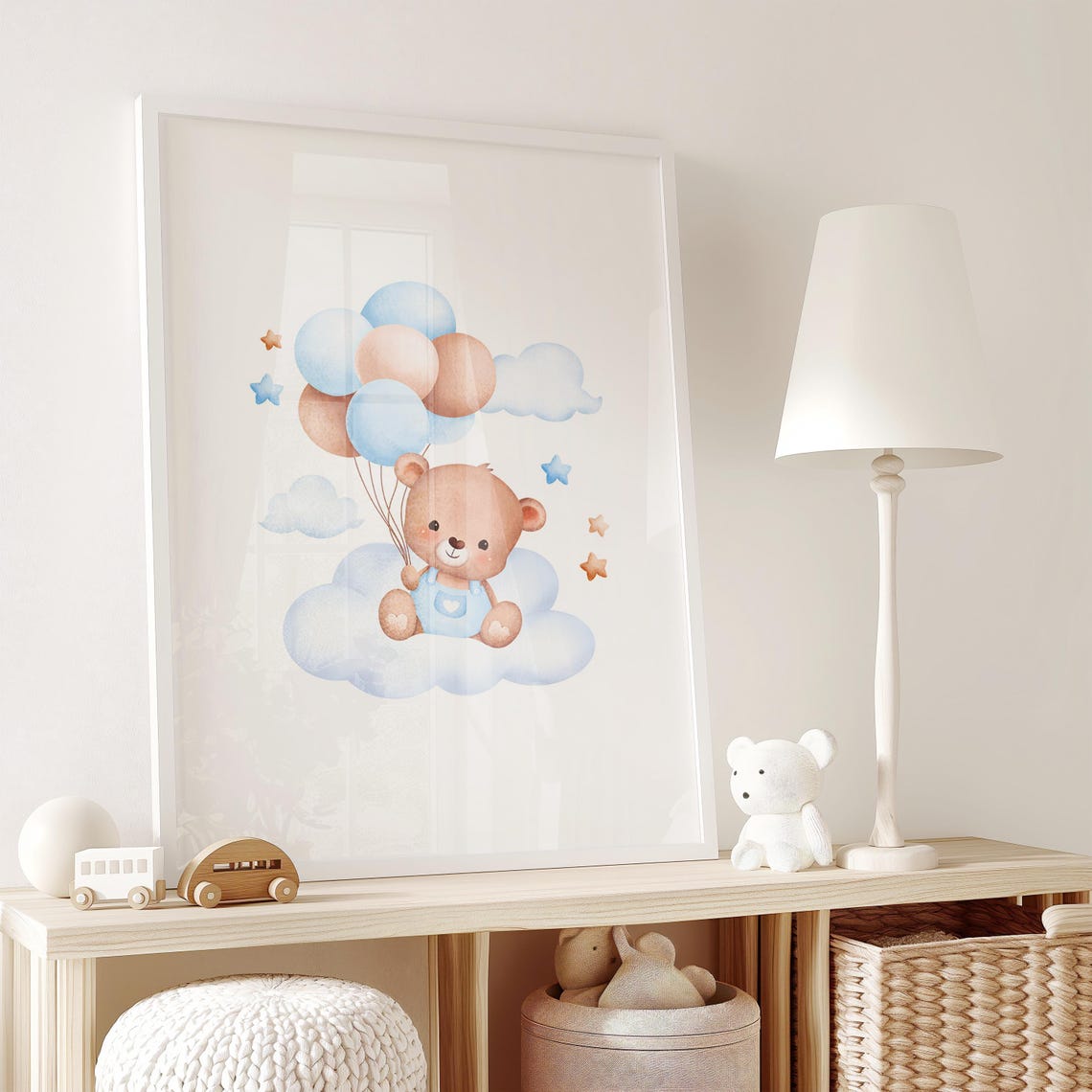 Teddy Bear On Cloud Holding Balloons Watercolor Nursery Wall Poster - Image 2