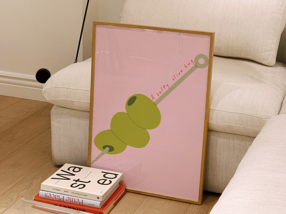 A Salty Olive Hug Olive Skewer Pink Minimalist Kitchen Poster - Image 2