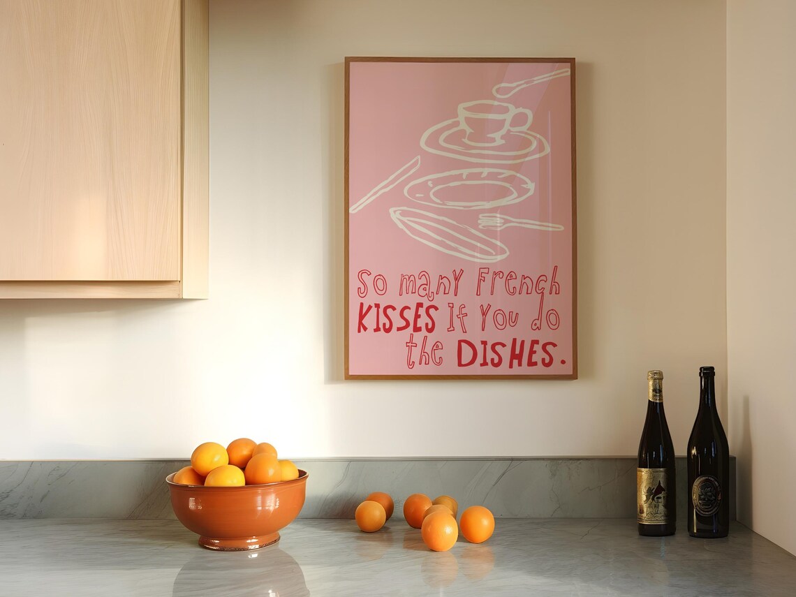 So Many French Kisses If You Do the Dishes Pink Kitchen Poster - Image 2