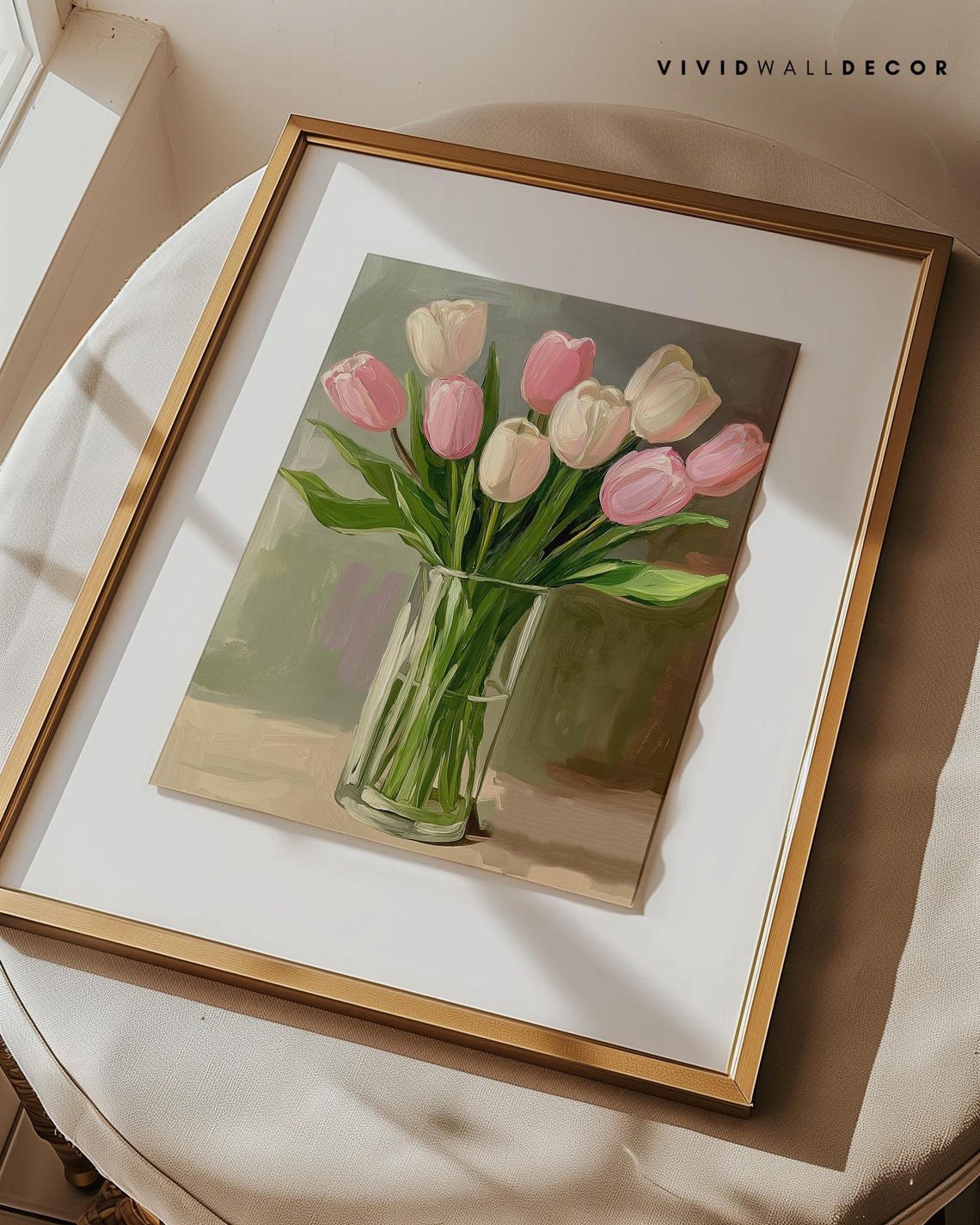 Pastel Pink and White Tulips in Glass Vase Spring Art Poster - Image 3