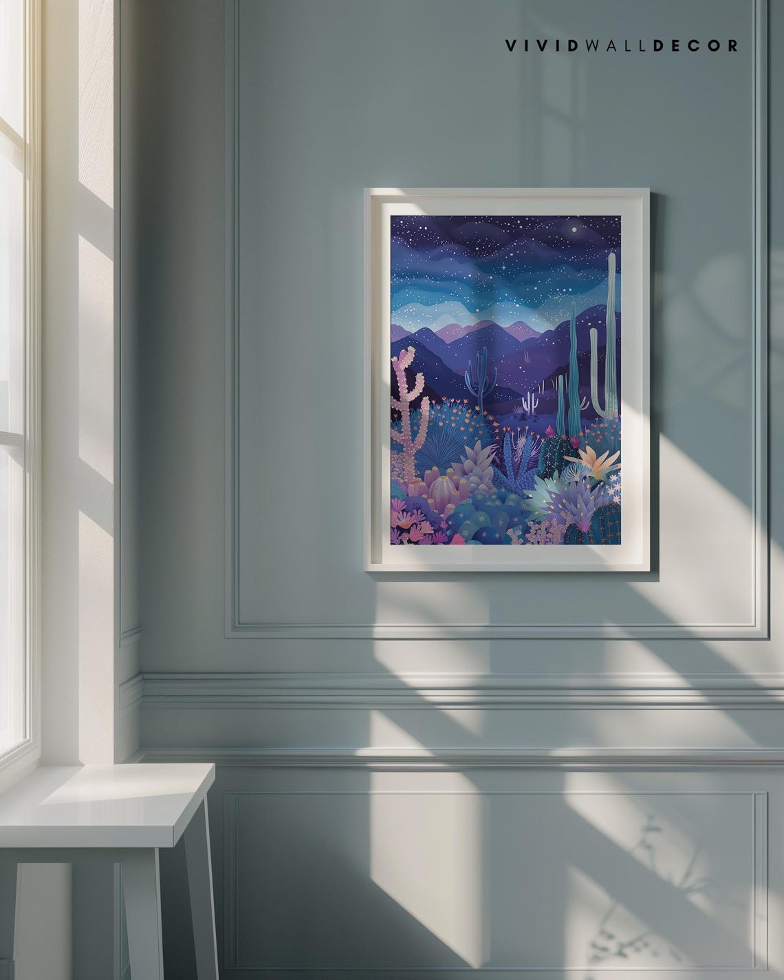 Starry Night Desert Cactus Landscape Purple Mountain Wall Poster - Image 2