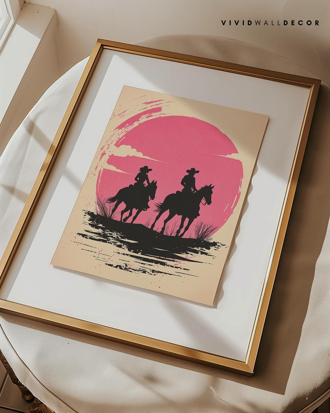 Cowboy Horseback Riders Pink Sunset Silhouette Western Poster - Image 4