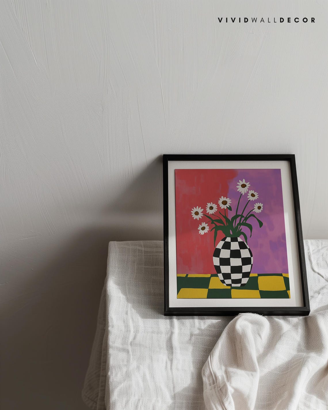 White Daisies In Checkered Vase Eclectic Retro Floral Wall Poster - Image 2