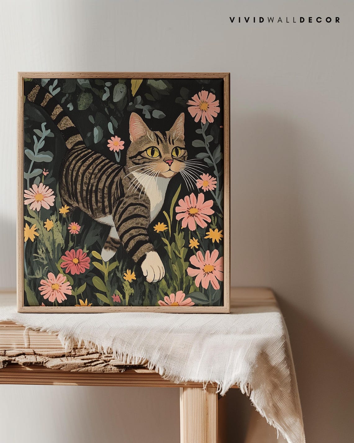 Wide-Eyed Tabby Cat Prowling Among Flowers Botanical Art Poster - Image 2