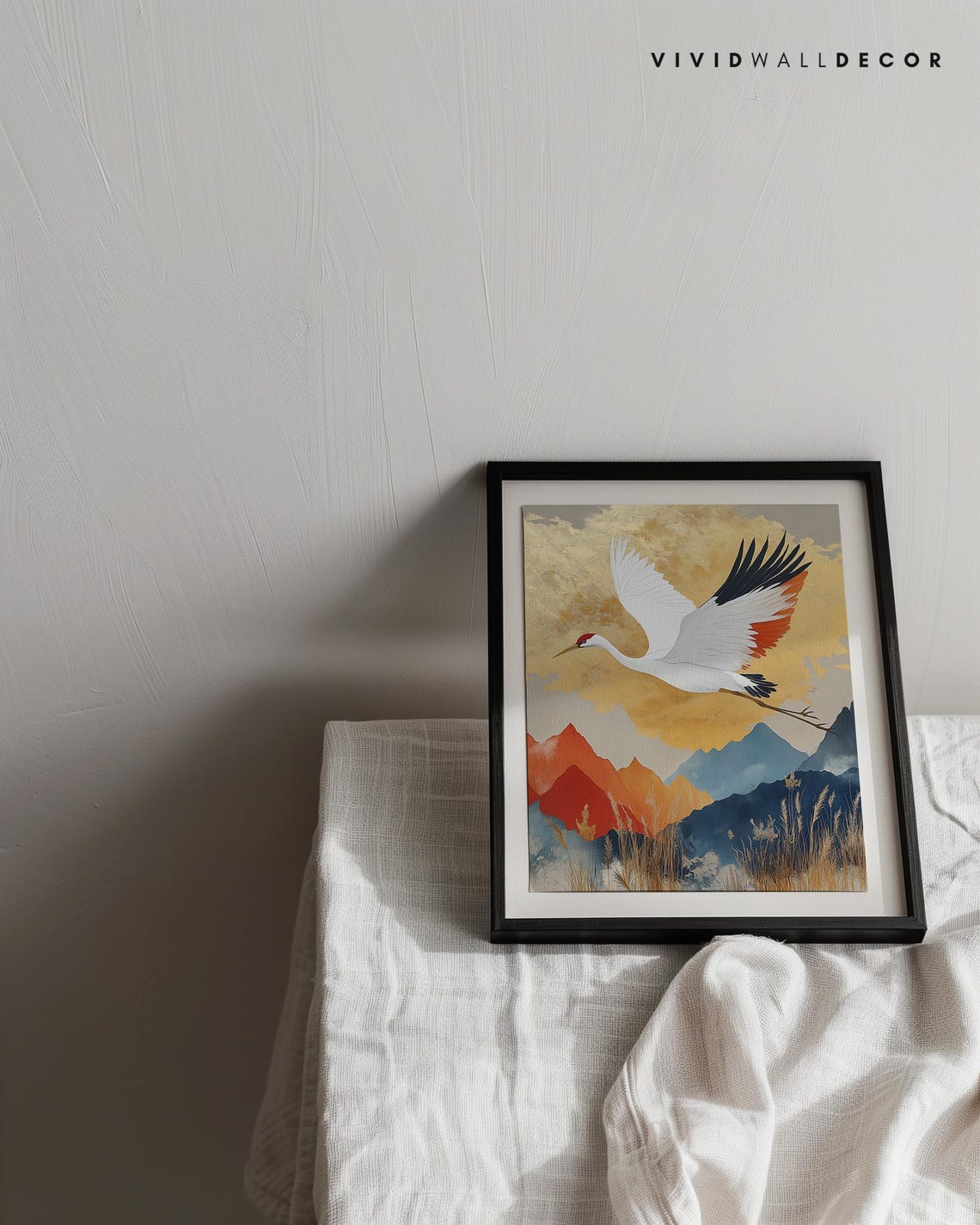 White Crane in Flight Over Golden Mountains Japanese Style Art Poster - Image 3
