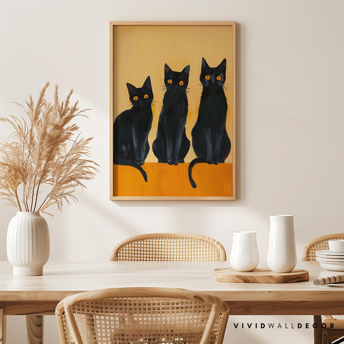 Three Black Cats Mustard Background Whimsical Feline Art Poster - Image 4