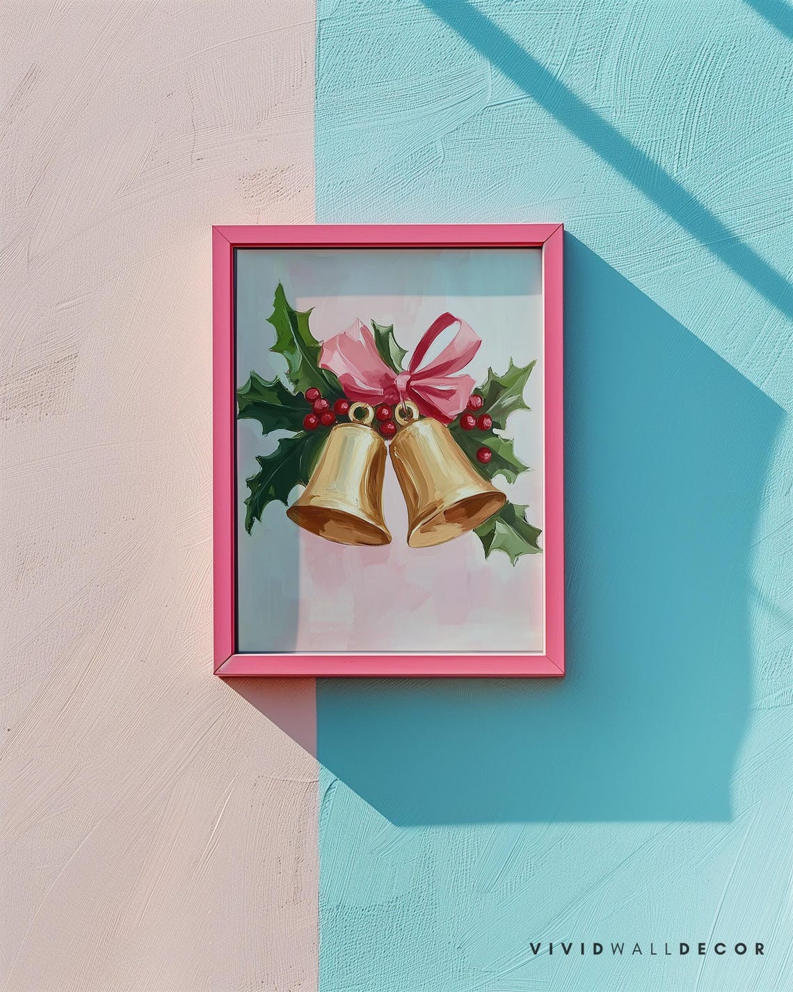 Golden Christmas Bells With Pink Bow And Holly Leaves Poster - Image 2