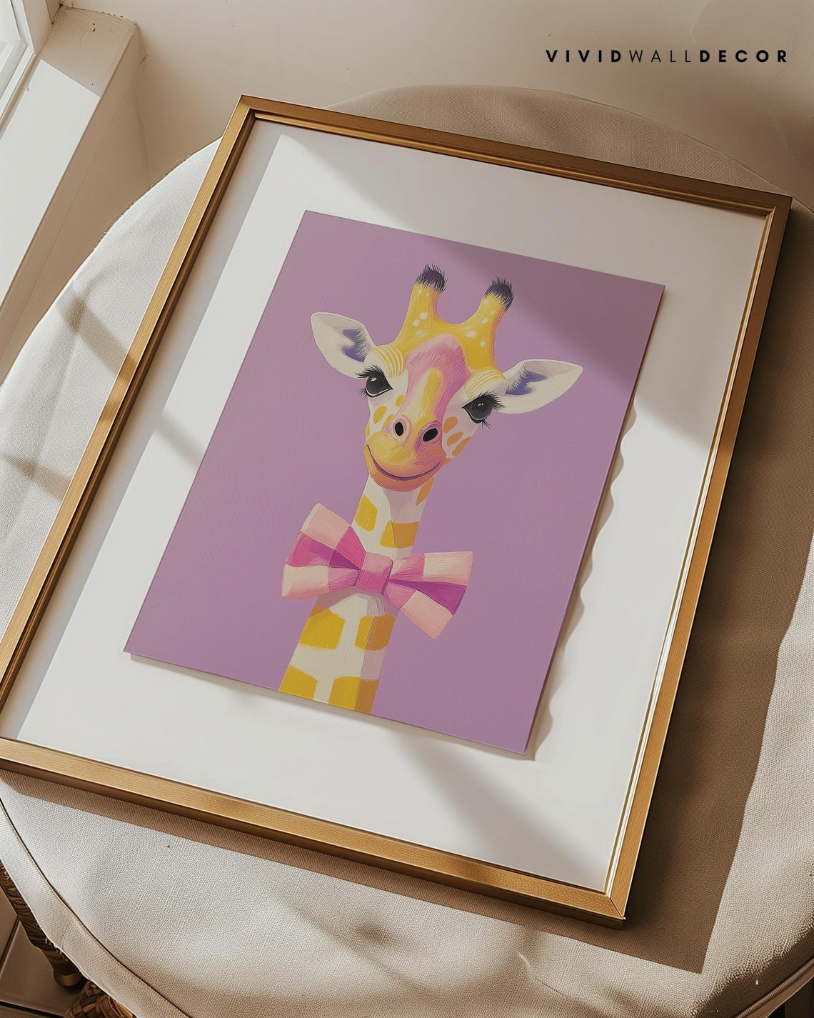 Sweet Yellow Giraffe With Pink Bow on Purple Kids Nursery Poster - Image 2