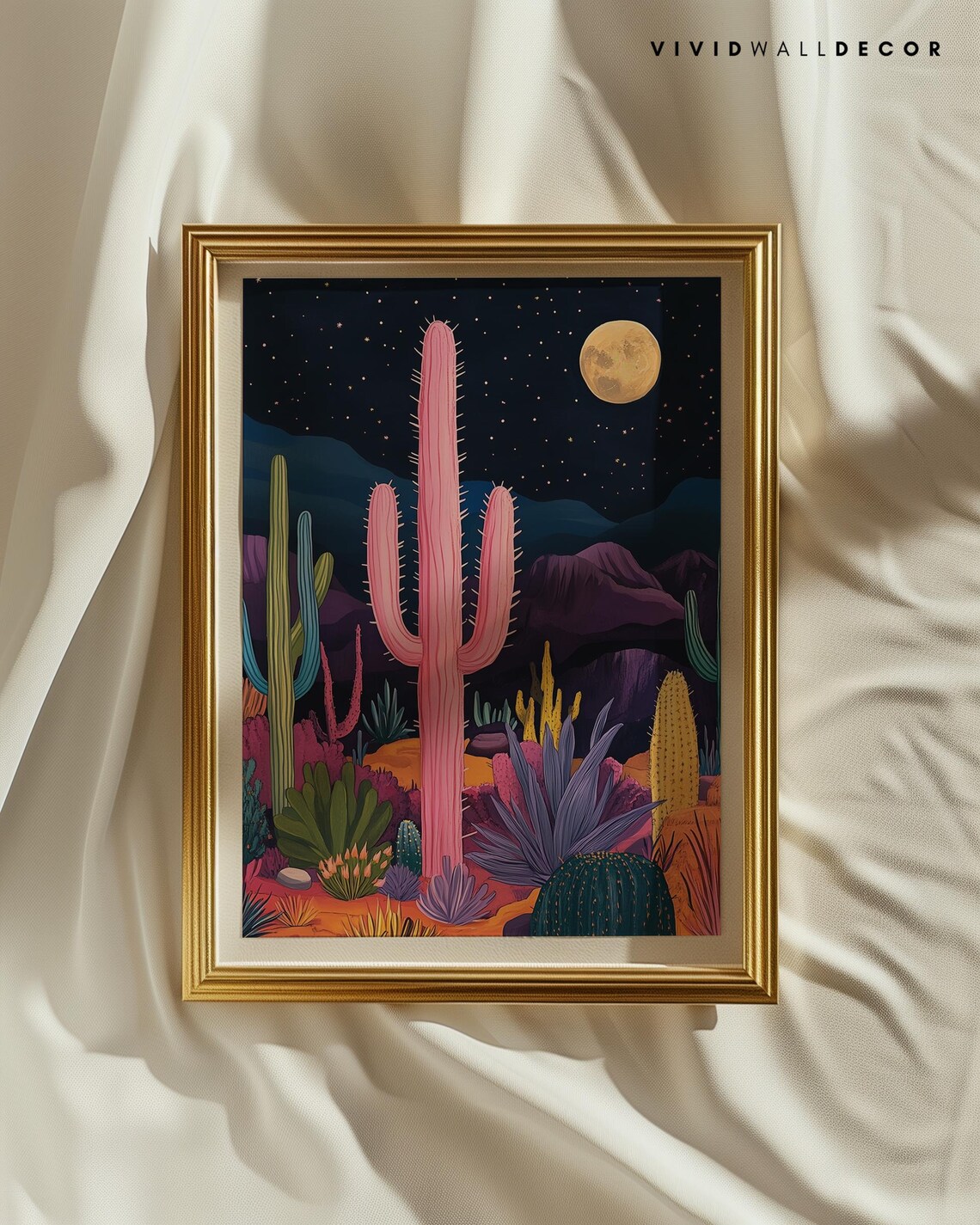 Colorful Desert Cactus Night Landscape Art Print - Image 3