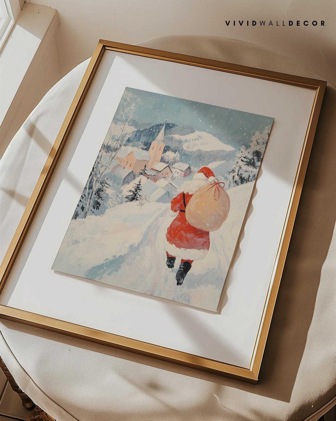 Santa Claus Carrying A Gift Sack To A Snowy Village Church Poster - Image 3