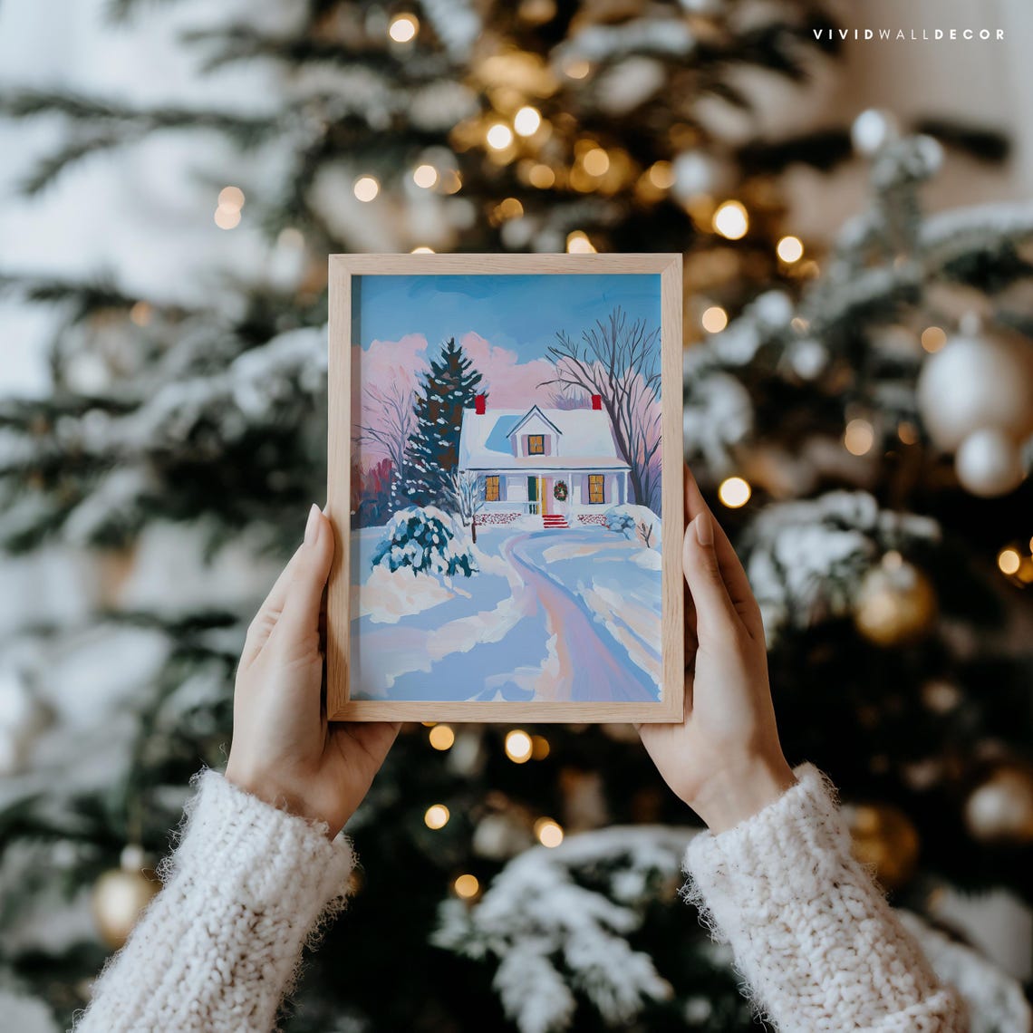 Snowy White Cottage With Wreath And Windows Under Pink Clouds Poster - Image 2
