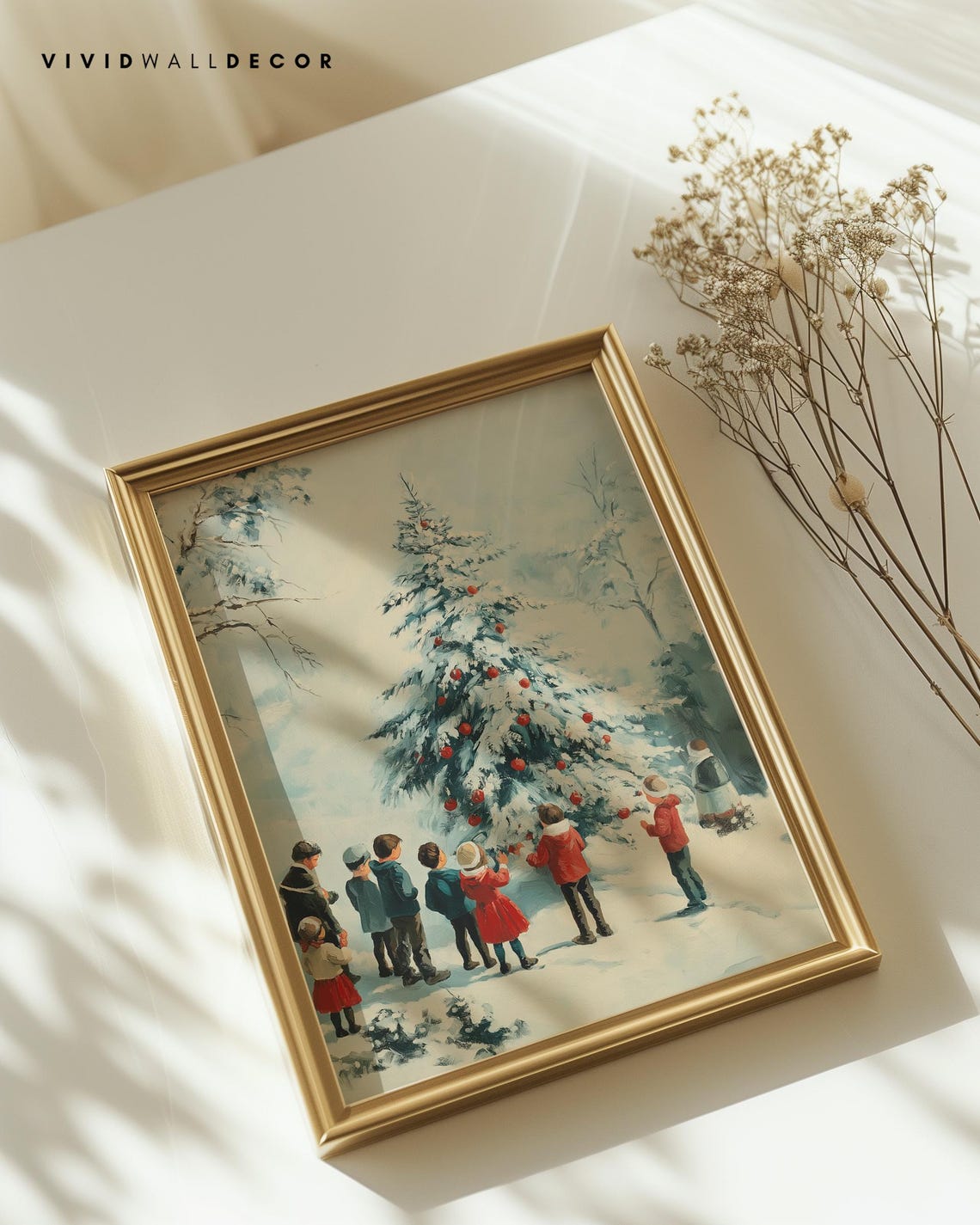 Vintage Style Kids Decorating A Tall Snowy Christmas Tree Poster - Image 2