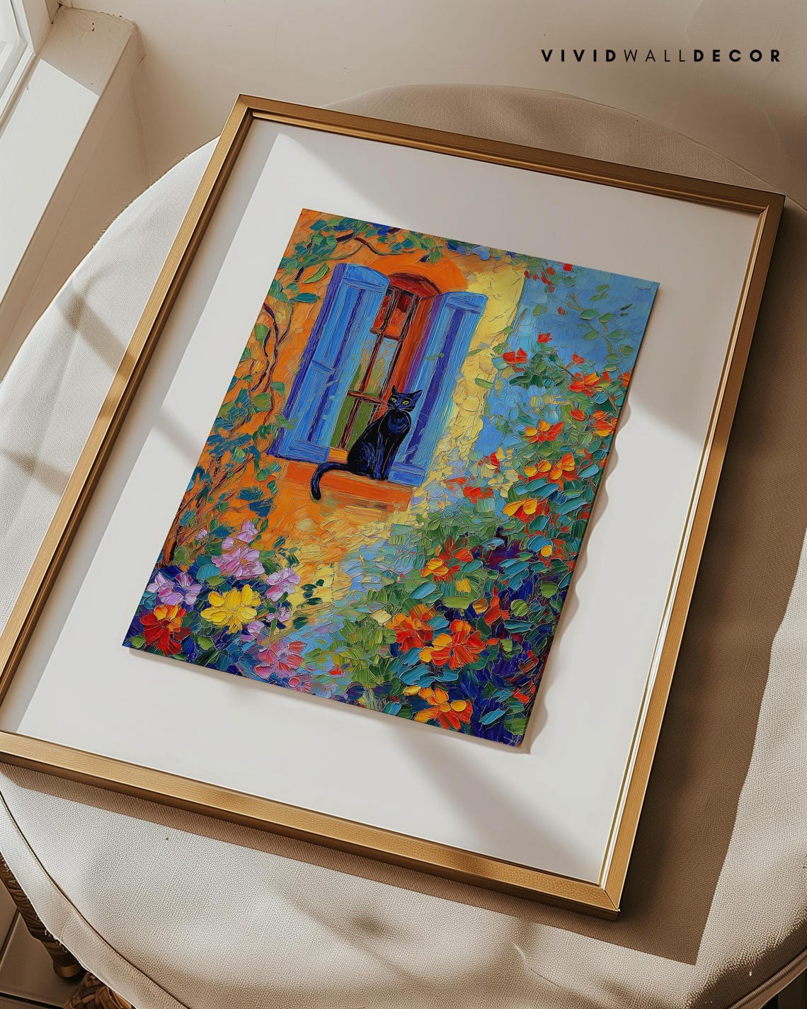 Black Cat on Mediterranean Window with Colorful Flowers Art Poster - Image 3