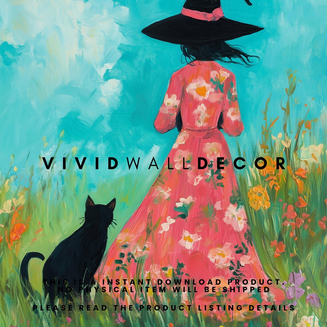 Floral Witch And Black Cat In A Wildflower Meadow Whimsical Halloween Poster - Image 2