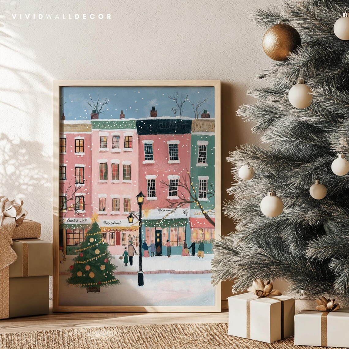 Snowy Christmas Street With Pink Buildings And Decorated Tree Poster - Image 4