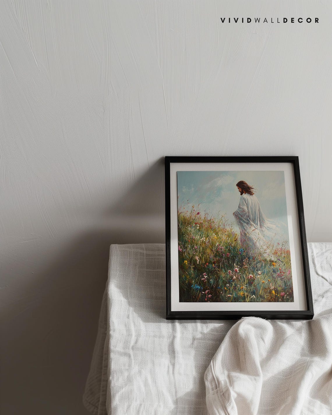 Jesus Walking Through Wildflowers in a Flowing White Robe Poster - Image 2