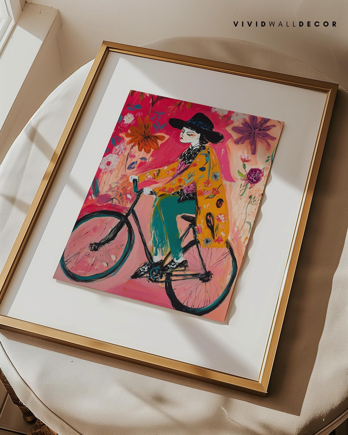 Colorful Woman Cycling Through Giant Flowers Fauvist Art Poster - Image 3