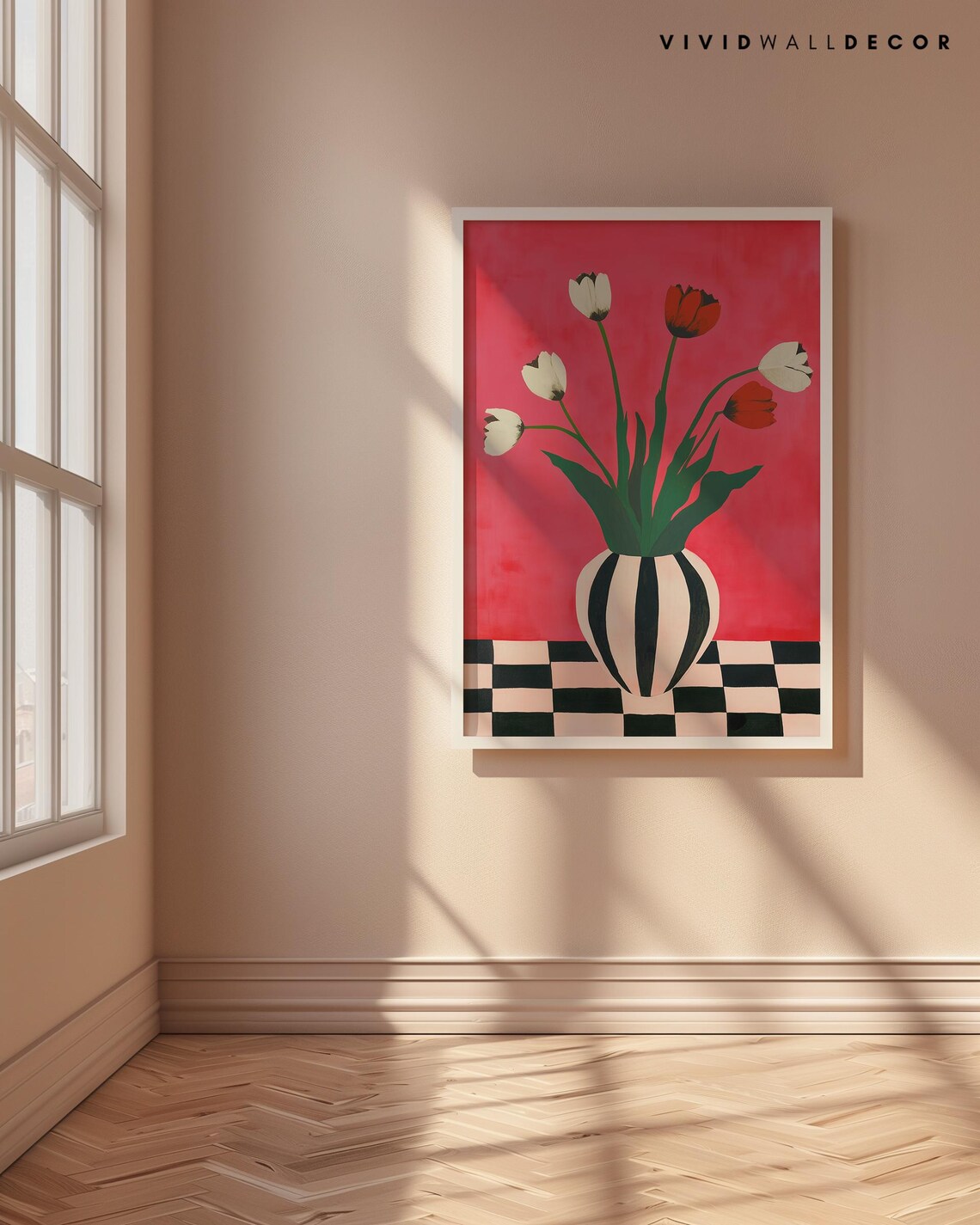Red White Tulips In Striped Vase Hot Pink Floral Still Life Poster - Image 4