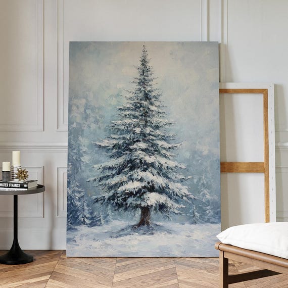 Snow Covered Pine Tree Canvas Wall Art Peaceful Winter Forest Scene In Vintage Oil Painting Style For Holiday And Nature Decor