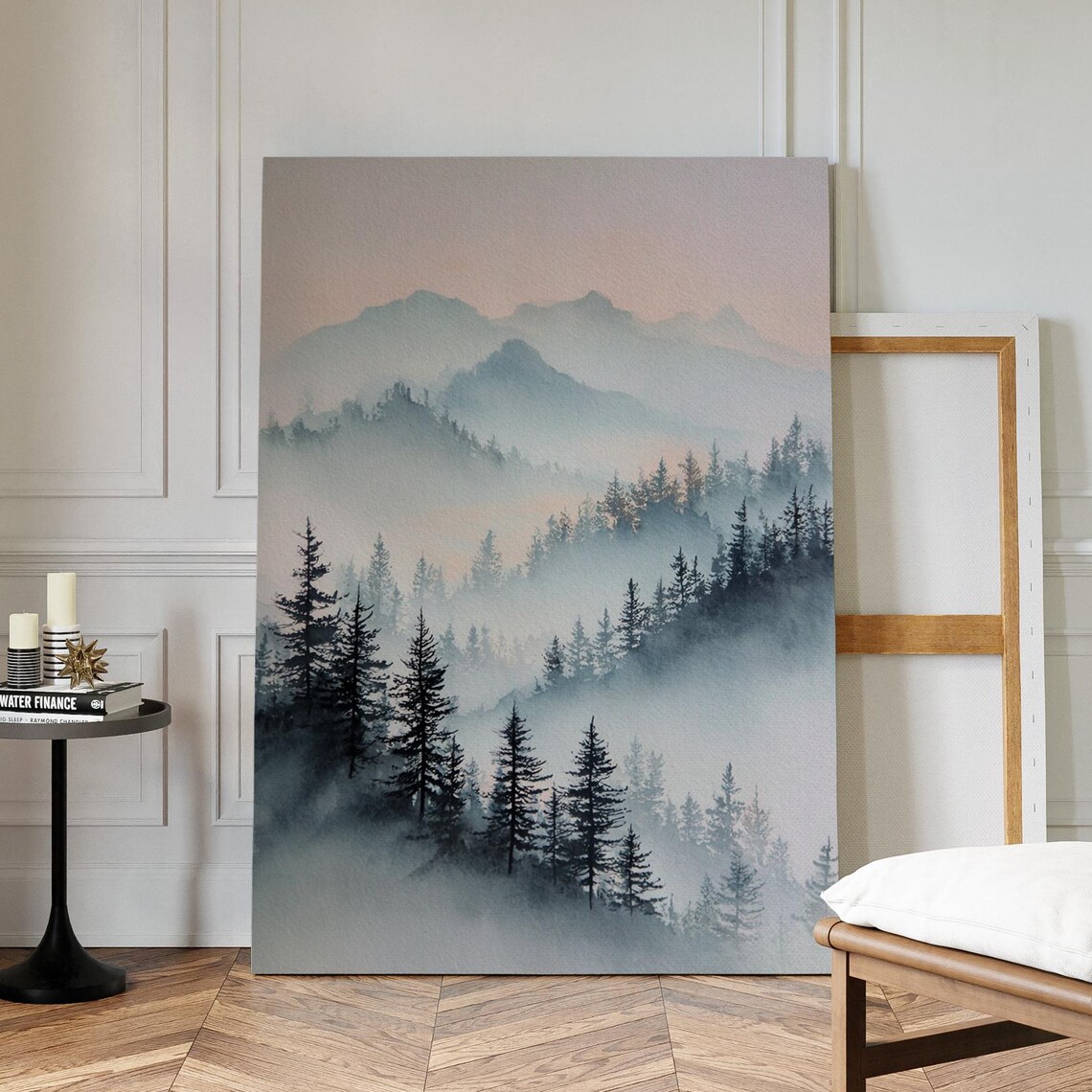 Misty Forest Mountain Watercolor Foggy Pine Trees Serene Landscape Poster