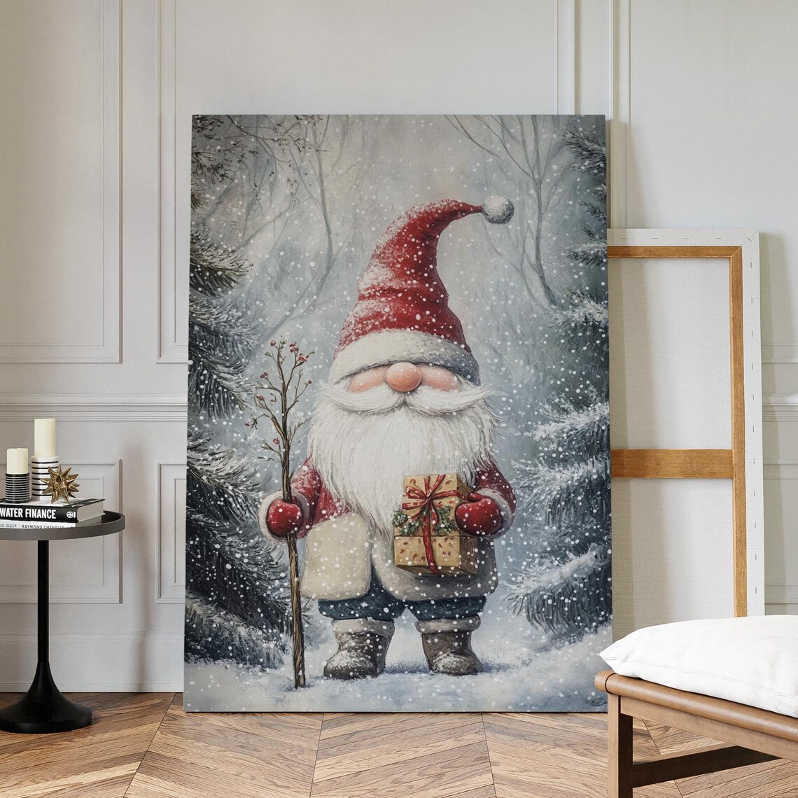 Christmas Gnome Holding Gift In Snowy Forest Holiday Art Poster