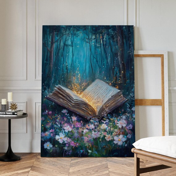 Magical Glowing Open Book in Moonlit Forest With Wildflowers Poster
