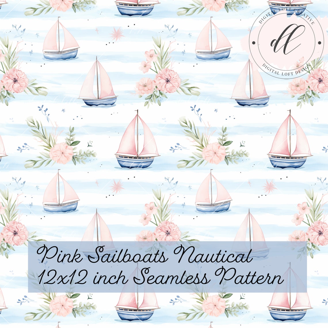 Pink Sailboats Nautical Seamless Pattern Floral Sea Wall Art